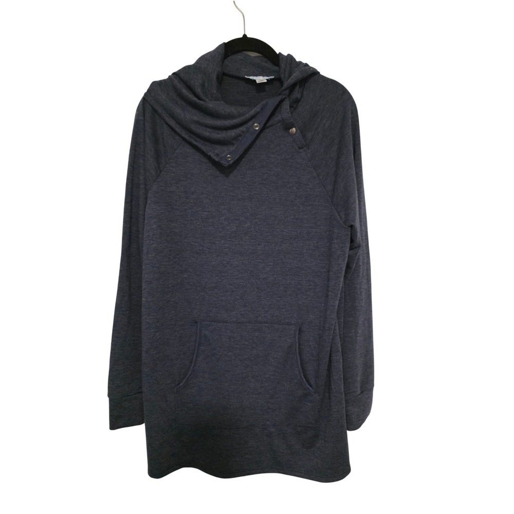 Grace & Lace Navy Blue Heather Cowl Neck Snap Hoodie Tunic Large
